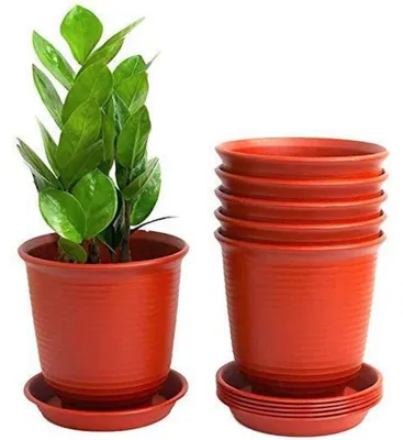 Productafbeelding van Bloempotset, 6 stuks, kunststof, baksteenrood, 15,5 cm, met drainagebodem
