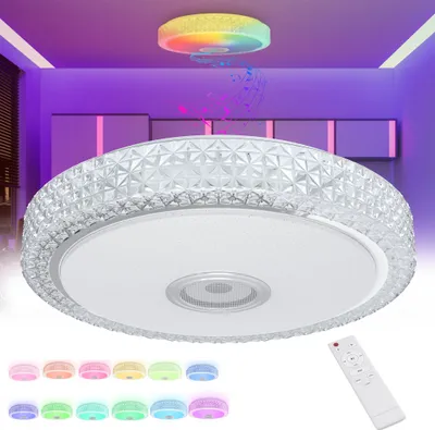A modern LED ceiling light with integrated Bluetooth speaker, shown in a room with ambient purple lighting. Multiple color options for the light are displayed at the bottom.