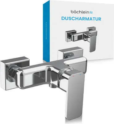 A chrome shower faucet is shown in front of its packaging.