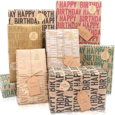 Productafbeelding van Geprinte cadeaupapier set, verjaardag, kleurrijk, 12 vellen, 70x50 cm, met touw, stickers, labels, gerecycled kraftpapier, vintage stijl