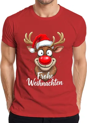 Produktbild von Frohe Weihnachten Lustiges Rentier Rudolf Weihnachtsmütze Cartoon Herren T-Shirt, Rot, 3XL