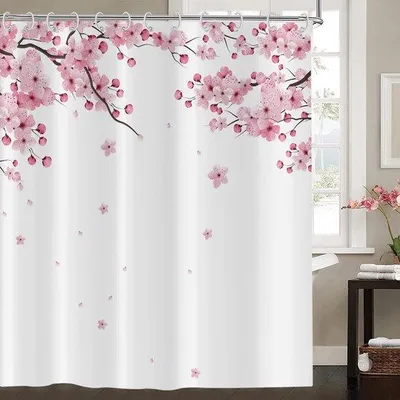 Produktbild von Unyqoos® Pink Blumen-Duschvorhang 180 x 200 cm mit japanischer Sakura-Kunst und Haken
