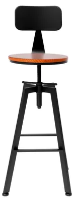 Zdjęcie produktu dla Zestaw dwóch stołków barowych - stołki barowe z regulowaną wysokością - obrotowe o 360°, siedzisko drewniane o średnicy 30 cm, wysokość siedziska 64–84 cm, oparcie, podnóżek, metalowa konstrukcja - kolor czarny