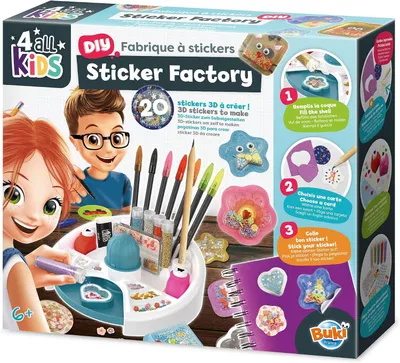 Productafbeelding van 3D-stickerfabriek voor kinderen, maak 20 gepersonaliseerde stickers met pailletten, microparels, strass-steentjes en ogen, creatieve doe-het-zelfset