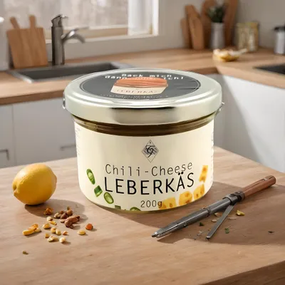 Produktbild von Chili-Leberkäse im Glas – Mit Käse & Peperoni – Metzgerei Guber – zum Aufbacken im Ofen
