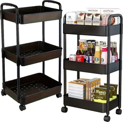 Produktbild von Badezimmerregal Küchenschrank auf Rollen Bücherregal drei Ebenen 3 Haken