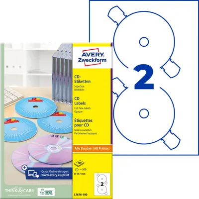 Produktbild von Avery Zweckform L7676-100, CD-Etiketten SuperSize, A4, ? 117 mm, 200 Etiketten / 100 Bögen, weiß