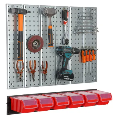 Produktbild von Werkzeugwand 78x72cm Metall Lagersystem mit Werkzeughaltern 6 Stapelboxen Rot