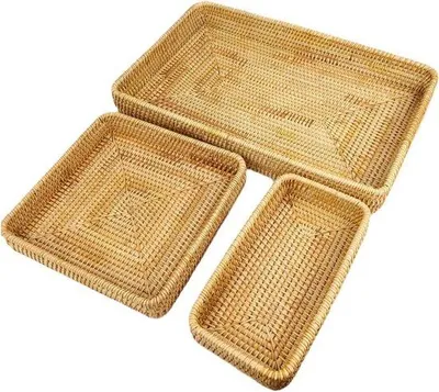 Image de Plateau rectangulaire en rotin tissé - Organisateur de panier tissé à la main - Organisation du plateau de table - Panier de rangement pour les collations - Plateau multifonctionnel - Set de 3 pièces