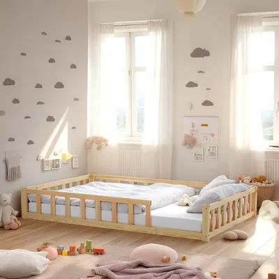 Produktbild von Homestyle4u Kinderbett Natur mit Rausfallschutz 120x200 cm Bodenbett Montessori Bett Lattenrost Matratze