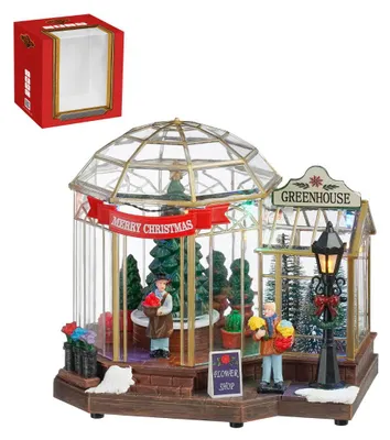 Produktbild von Edelman Miniaturdorf Weihnachtsdekoration mit beleuchtetem Glaspavillon und gemütlichem Blumenladen, batteriebetrieben, 20,5 x 16 x 19,5 cm