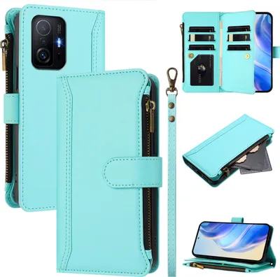 Produktbild von Handyhülle für Xiaomi 11T/11T Pro Reißverschluss Geldbörse Kunstleder Klapphülle mit Kartensteckplatz, Ständer, Handschlaufe Türkis