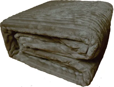 A folded taupe blanket with a ribbed texture is shown against a white background.