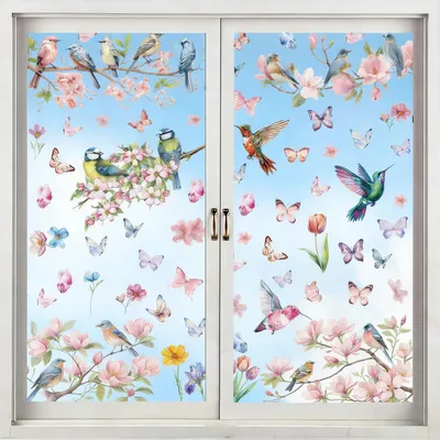 9 Fensteraufkleber Frühling, Blumen & Vogel, wiederverwendbar, 30x20 cm