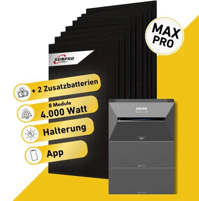 Produktbild von 4000 Watt, Bifazial Komplettset, Balkonkraftwerk, Anker SOLIX Solarbank 3 E2700 Pro, 2 x BP2700 Zusatzbatterien, Halterung Balkon, Anker SOLIX Anschlusskabel 15 m