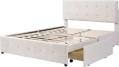 Produktbild von Flieks Polsterbett 140x200cm mit 4 Schubladen, Doppelbett Stauraumbett mit Lattenrost und höhenverstellbarem Kopfteil, Holzbett Jugendbett, Samt Beige