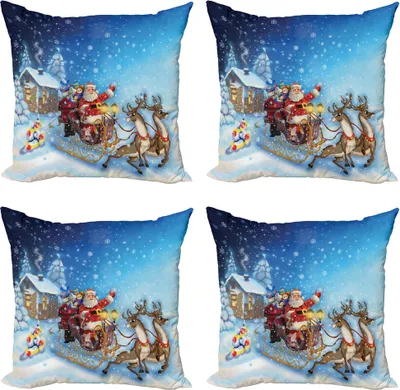Produktbild von ABAKUHAUS Weihnachten Kissenbezug Set (4 Stück), Sankt im Pferdeschlitten Spielzeug, Moderner Doppelseitiger Digitaldruck, 40 cm x 40 cm, Navy blau