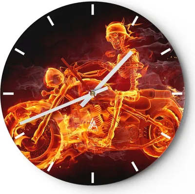 Produktbild von Wanduhr - Rund - Glasuhr - Motorrad Flammen Skelett - 40x40cm - Schleichendes Uhrwerk - Lautlos - zum Aufhängen bereit - Dekoration Modern - Wanddekoration aus Glas - C3AR40x40-2652