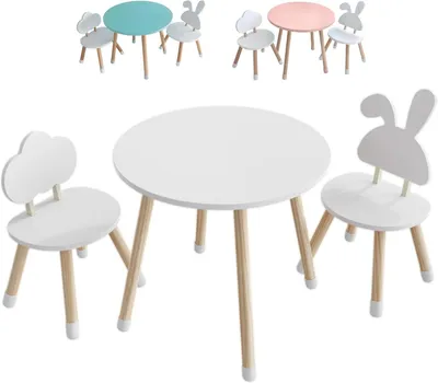Imagen del producto de Escritorio infantil con silla - Juego de mesa y silla para niños - Fomenta la creatividad - Bordes redondeados - 60x60x50 cm - Blanco