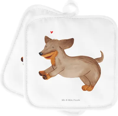 Produktbild von Mr. & Mrs. Panda Topflappen Hund Dackel - Weiß - Geschenk, Set, Herz, topfhalter, Topfuntersetzer, Dachshund, Hunde, Sprüche, Kochlappen, Doppel