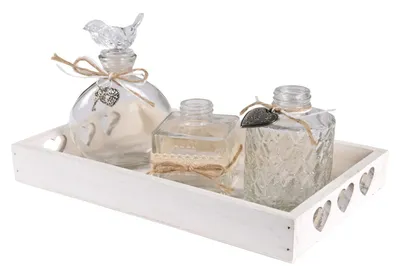 Produktbild von Dekotablett Blumenvasen weiß transparent Glas Holz H/B/T 9,5/15/25 cm
