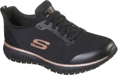 A single black Skechers women's sneaker with rose gold accents.