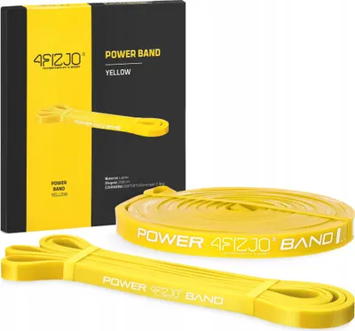 A yellow power band and its packaging are displayed against a white background.