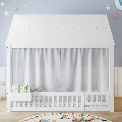 Produktbild von Kinderbett mit Vorhängeschirmen und einem Stauraumfach Hausförmiges Design Einzelbett 140x200cm Weiß