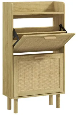 Image de Meuble à chaussures - Étagère à chaussures avec 2 portes - Compartiments rabattables - Aspect rotin tressé, design bohème - Bois et plastique - 80 x 24,5 x 110 cm