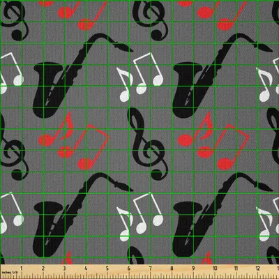 Produktbild von ABAKUHAUS Jazz Musik Microfaser Stoff als Meterware , Musiknoten Violinschlüssel Saxophon Pattern Abstract Design Blues Performance, 10 M (230 x 1000 cm), Schwarz Grau Rot