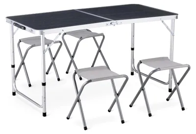 Produktbild von Campingtisch mit 4 Stühlen, tragbarer klappbarer Grilltisch 120 x 60 cm mit Tragegriff, Aluminium Klapptisch und klappbare Hocker für Camping, Picknick, Grillen, Garten (Grau)