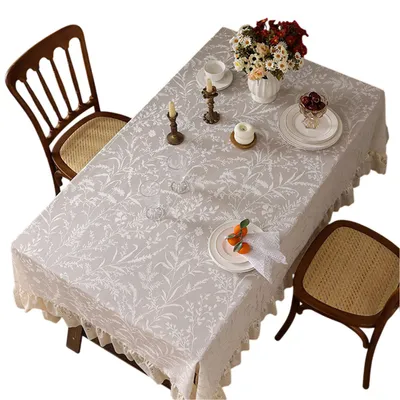 Produktbild von Vintage Tischdecke Spitzentischdecke mit Blumenmuster & Rüschen, Weiß 140x140cm