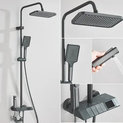 Zdjęcie produktu dla Inteligentny system prysznicowy - cyfrowy zestaw baterii prysznicowych - deszczownica montowana na ścianie z głowicą i słuchawką prysznicową - mieszacz jednouchwytowy do regulacji temperatury (ciepła/zimna woda) - ceramiczna głowica - wyświetlacz w kolorze ciemnoszarym