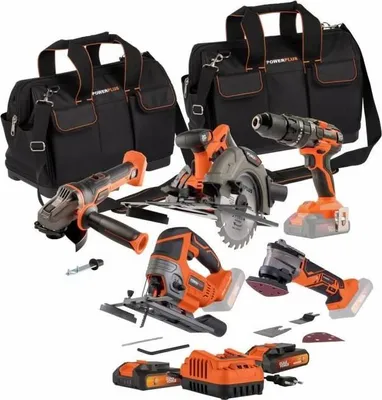 Immagine prodotto di Set di utensili, 5 pezzi, 20 V Dual Power, avvitatore a batteria, smerigliatrice angolare, utensile multifunzione, sega circolare e seghetto alternativo, 2 batterie (2,0 Ah e 4,0 Ah)