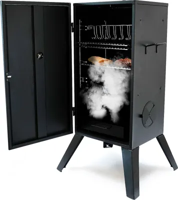 A black smoker oven with the door open, showing racks, hooks, and smoke inside.