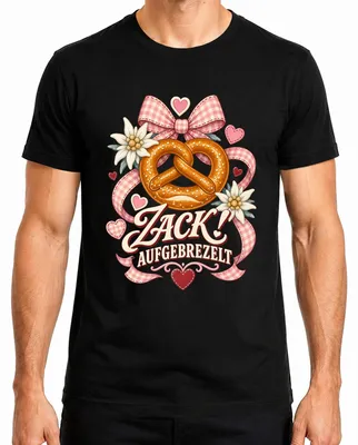 Produktbild von Zack! Aufgebrezelt Brezel Edelweiß Trachtenshirt Lederhose Dirndl Herren T-Shirt, Schwarz, XXL