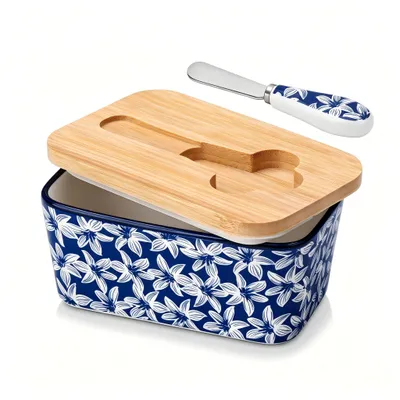 Produktbild von VANCASSO Porzellan Butterdose mit Deckel, Butterbestreichmesser, Blumenmotive, Blau und weiß