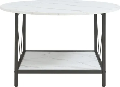 Produktbild von Couchtisch 'Filem' mit Ablage Ø80 x 46 cm Wohnzimmertisch runde Tischplatte Metallgestell Marmoroptik, weiß