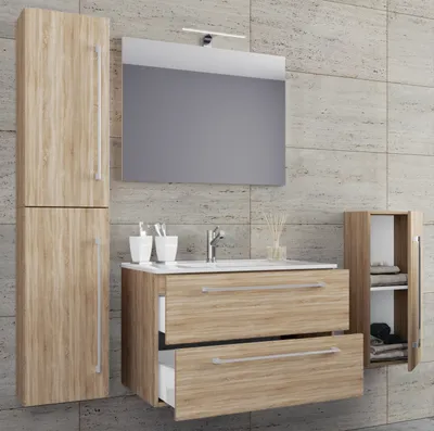 Produktbild von VCM 5-tlg. Set | 1 Waschtisch mit zwei Schubladen, 1 Spiegel, 1 Waschbecken, 1 Midischrank, 1 Hochschrank | Keramik Waschbecken | hängend Unterschrank 60 cm | Badmöbel Set Waschplatz – Badinos