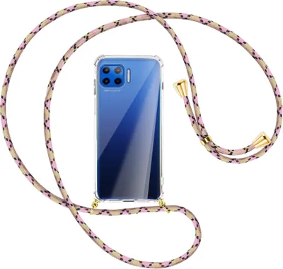 Produktbild von Handykette Backcover-Schutzhülle mit Band (Metall goldfarben) für Motorola Moto G 5G Plus - rosa Karo
