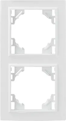 A white plastic frame for electrical outlets, designed to hold two modules vertically.