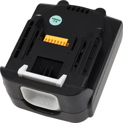 A black power tool battery pack is shown from a slightly elevated angle against a white background.