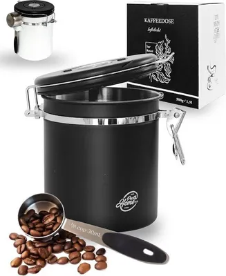 Produktbild von Kaffeebehälter 500g schwarz Edelstahl luftdicht mit Löffel
