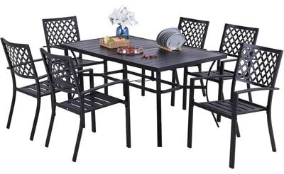 Image de Ensemble de salle à manger pour terrasse, 7 pièces : table de repas en métal, 6 chaises empilables, pour l'extérieur, dimensions : 152 x 96 x 71 cm
