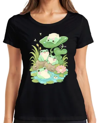 Zdjęcie produktu dla T-shirt damski, czarny, rozmiar M, z motywem: słodkie żaby, lotos, styl "kawaii", japoński, Y2K, "cottagecore"