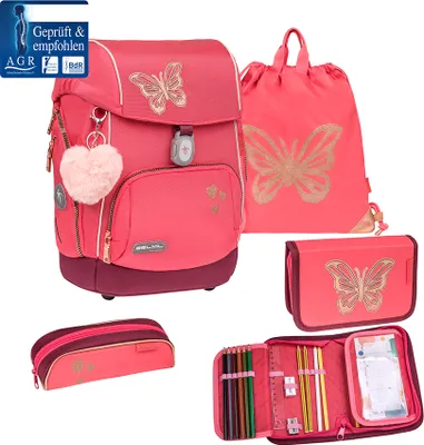 Produktbild von Belmil Premium ergonomischer Schulranzen Set 5 -teilig für Mädchen Für kleine Kinder, Erstklässler/Brustgurt, Hüftgurt/Magnetverschluss/Korallenfarbe (405-73/P/S Coral)