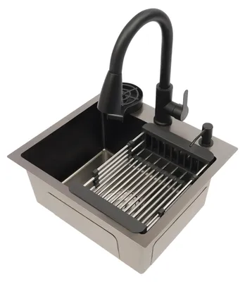 Produktbild von Spültischabdeckung Schwarz – Ausziehbare Armatur mit Seifenspender – 45x40 cm