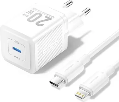 Image de Vention Chargeur USB-C GaN à 1 port (20W) avec câble USB-C vers Lightning (1M) EU-Plug Blanc