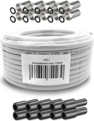 Produktbild von 20m ARLI Koaxialkabel – max. 135 dB 5-fach geschirmt UV-beständig + 10x F-Stecker & 10 Gummitüllen für DVB-S DVB-T2 4K HDTV
