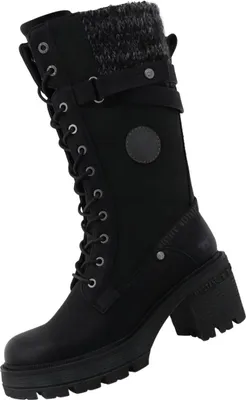Das Bild zeigt einen schwarzen Stiefel der von der Seite aufgenommen wurde. Der Stiefel hat eine elegante Form und eine robuste Sohle.